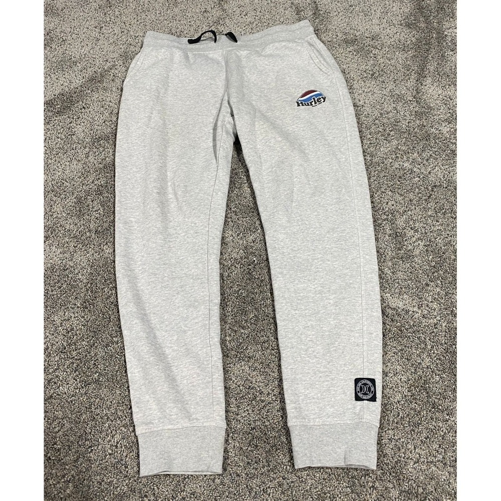 Hurley Jogger Sweatpants Fleece Lined Drawstring Logo Grey Large